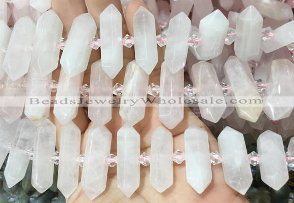 CBBS132 Centre drilled 6*20mm - 11*35mm hexahedral prism rose quartz beads