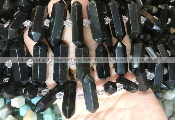 CBBS136 Centre drilled 6*20mm - 11*35mm hexahedral prism golden obsidian beads