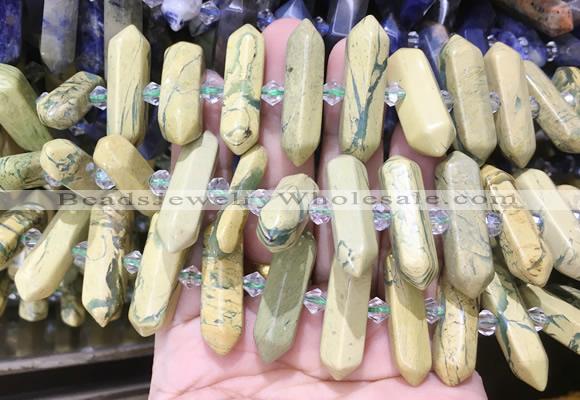 CBBS144 Centre drilled 6*20mm - 11*35mm hexahedral prism green dragon jasper beads