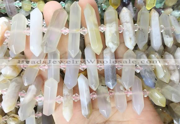 CBBS145 Centre drilled 6*20mm - 11*35mm hexahedral prism sakura agate beads