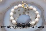 CFB976 Hand-knotted 9mm - 10mm rice white freshwater pearl & black obsidian bracelet