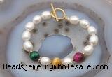 CFB982 Hand-knotted 9mm - 10mm rice white freshwater pearl & colorful tiger eye bracelet