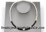 CFN121 potato white freshwater pearl & black lava necklace, 16 - 24 inches CFN121 potato white freshwater pearl & black lava necklace, 16 - 24 inches