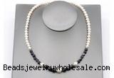 CFN127 potato white freshwater pearl & black banded agate necklace, 16 - 24 inches CFN127 potato white freshwater pearl & black banded agate necklace, 16 - 24 inches