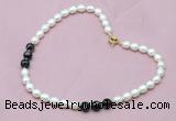 CFN310 Rice white freshwater pearl & black banded agate necklace, 16 - 24 inches CFN310 Rice white freshwater pearl & black banded agate necklace, 16 - 24 inches