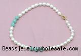 CFN325 9 - 10mm rice white freshwater pearl & amazonite necklace wholesale CFN325 9 - 10mm rice white freshwater pearl & amazonite necklace wholesale