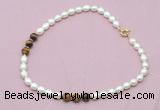 CFN328 9 - 10mm rice white freshwater pearl & yellow tiger eye necklace wholesale CFN328 9 - 10mm rice white freshwater pearl & yellow tiger eye necklace wholesale