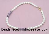 CFN332 9 - 10mm rice white freshwater pearl & amethyst necklace wholesale CFN332 9 - 10mm rice white freshwater pearl & amethyst necklace wholesale