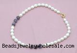 CFN333 9 - 10mm rice white freshwater pearl & dogtooth amethyst necklace wholesale CFN333 9 - 10mm rice white freshwater pearl & dogtooth amethyst necklace wholesale