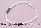 CFN338 9 - 10mm rice white freshwater pearl & golden obsidian necklace wholesale CFN338 9 - 10mm rice white freshwater pearl & golden obsidian necklace wholesale
