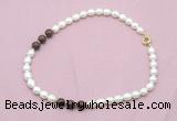 CFN340 9 - 10mm rice white freshwater pearl & mahogany obsidian necklace wholesale CFN340 9 - 10mm rice white freshwater pearl & mahogany obsidian necklace wholesale