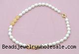 CFN342 9 - 10mm rice white freshwater pearl & honey jade necklace wholesale CFN342 9 - 10mm rice white freshwater pearl & honey jade necklace wholesale