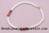 CFN344 9 - 10mm rice white freshwater pearl & red banded agate necklace wholesale CFN344 9 - 10mm rice white freshwater pearl & red banded agate necklace wholesale