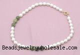 CFN348 9 - 10mm rice white freshwater pearl & China jade necklace wholesale CFN348 9 - 10mm rice white freshwater pearl & China jade necklace wholesale