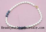 CFN351 9 - 10mm rice white freshwater pearl & dumortierite necklace wholesale CFN351 9 - 10mm rice white freshwater pearl & dumortierite necklace wholesale