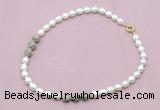 CFN352 9 - 10mm rice white freshwater pearl & feldspar necklace wholesale CFN352 9 - 10mm rice white freshwater pearl & feldspar necklace wholesale