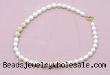 CFN359 9 - 10mm rice white freshwater pearl & white fossil jasper necklace wholesale CFN359 9 - 10mm rice white freshwater pearl & white fossil jasper necklace wholesale
