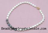 CFN418 9 - 10mm rice white freshwater pearl & labradorite necklace CFN418 9 - 10mm rice white freshwater pearl & labradorite necklace