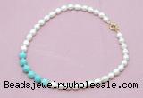 CFN422 9 - 10mm rice white freshwater pearl & blue howlite necklace wholesale CFN422 9 - 10mm rice white freshwater pearl & blue howlite necklace wholesale