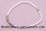 CFN437 9 - 10mm rice white freshwater pearl & rainbow moonstone necklace CFN437 9 - 10mm rice white freshwater pearl & rainbow moonstone necklace