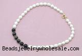 CFN438 9 - 10mm rice white freshwater pearl & golden obsidian necklace CFN438 9 - 10mm rice white freshwater pearl & golden obsidian necklace