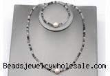 CFN611 4mm faceted round black rutilated quartz & potato white freshwater pearl jewelry set