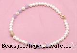 CFN709 9mm - 10mm potato white freshwater pearl & lavender amethyst necklace CFN709 9mm - 10mm potato white freshwater pearl & lavender amethyst necklace