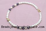 CFN713 9mm - 10mm potato white freshwater pearl & dogtooth amethyst necklace CFN713 9mm - 10mm potato white freshwater pearl & dogtooth amethyst necklace