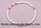 CFN715 9mm - 10mm potato white freshwater pearl & cherry quartz necklace CFN715 9mm - 10mm potato white freshwater pearl & cherry quartz necklace