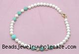 CFN722 9mm - 10mm potato white freshwater pearl & amazonite necklace CFN722 9mm - 10mm potato white freshwater pearl & amazonite necklace