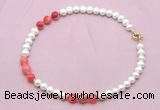 CFN730 9mm - 10mm potato white freshwater pearl & red banded agate necklace CFN730 9mm - 10mm potato white freshwater pearl & red banded agate necklace
