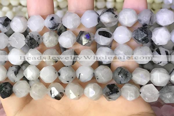 CNG8734 15.5 inches 10mm faceted nuggets black rutilated quartz beads