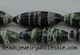 CSJ108 15.5 inches 10*30mm faceted rice green silver line jasper beads