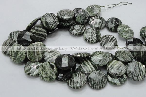 CSJ83 15.5 inches 25mm faceted flat round green silver line jasper beads