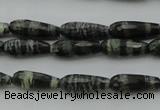 CTR10 15.5 inches 6*16mm faceted teardrop green silver line jasper beads