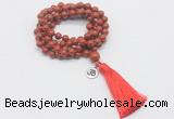 GMN1769 Knotted 8mm, 10mm red jasper 108 beads mala necklace with tassel & charm
