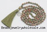 GMN303 Hand-knotted 6mm unakite 108 beads mala necklaces with tassel & charm