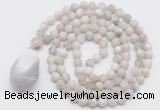 GMN5010 Hand-knotted 8mm, 10mm matte white crazy agate 108 beads mala necklace with pendant