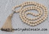 GMN604 Hand-knotted 8mm, 10mm white fossil jasper 108 beads mala necklaces with tassel