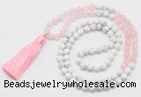 GMN6102 Knotted 8mm, 10mm rose quartz & white howlite 108 beads mala necklace with tassel