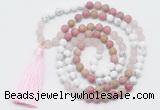 GMN6104 Knotted 8mm, 10mm white howlite, pink jasper & rose quartz 108 beads mala necklace with tassel