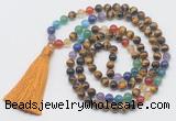 GMN6123 Knotted 7 Chakra 8mm, 10mm yellow tiger eye 108 beads mala necklace with tassel
