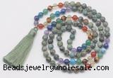 GMN6126 Knotted 7 Chakra 8mm, 10mm African turquoise 108 beads mala necklace with tassel