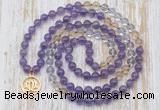 GMN6153 Knotted 8mm, 10mm amethyst, citrine & white crystal 108 beads mala necklace with charm