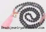 GMN6217 Knotted matte black agate, black labradorite & rose quartz 108 beads mala necklace with tassel & charm