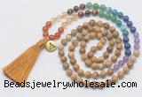 GMN6225 Knotted 7 Chakra picture jasper 108 beads mala necklace with tassel & charm
