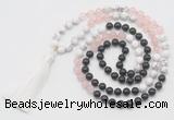 GMN6262 Knotted 8mm, 10mm black agate, rose quartz & white howlite 108 beads mala necklace with tassel