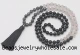 GMN6267 Knotted 8mm, 10mm black labradorite, matte rose quartz  & black agate 108 beads mala necklace with tassel
