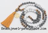 GMN6309 Knotted matte white howlite & black labradorite 108 beads mala necklace with tassel & charm