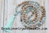 GMN6344 Knotted 8mm, 10mm matte amazonite & picture jasper 108 beads mala necklace with tassel